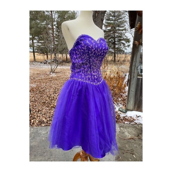1980s Prom Dress Sweetheart Neck Beaded Bodice Tulle Layered Skirt Fit & Flare - Picture 4 of 14